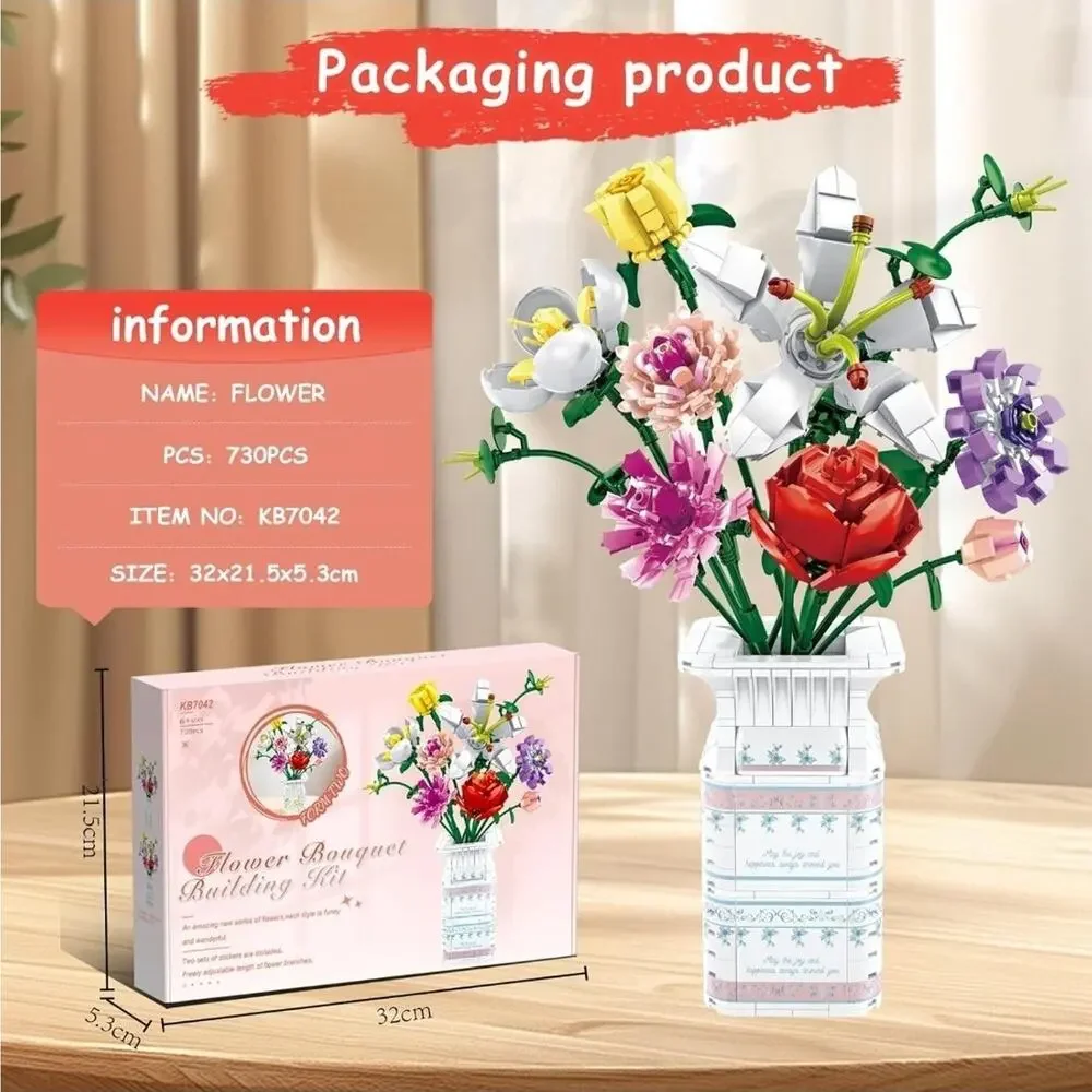 730 Piece Block Flowers Bouquet Building Set, 10 Artificial Flowers, with Vase